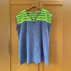 Lightweight chambray tunic or swim coverup with gorgeous neon green embroidery.